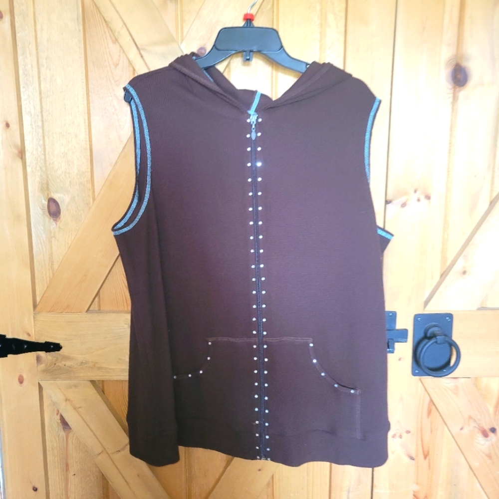 Quaker Factory Brown Waffle Knit Hooded Vest Embellished Nwt Womens Size 1x